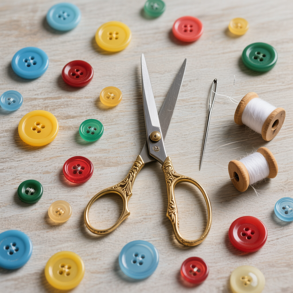 Matériel de couture pour coudre un bouton - fil, aiguille, ciseaux et boutons colorés